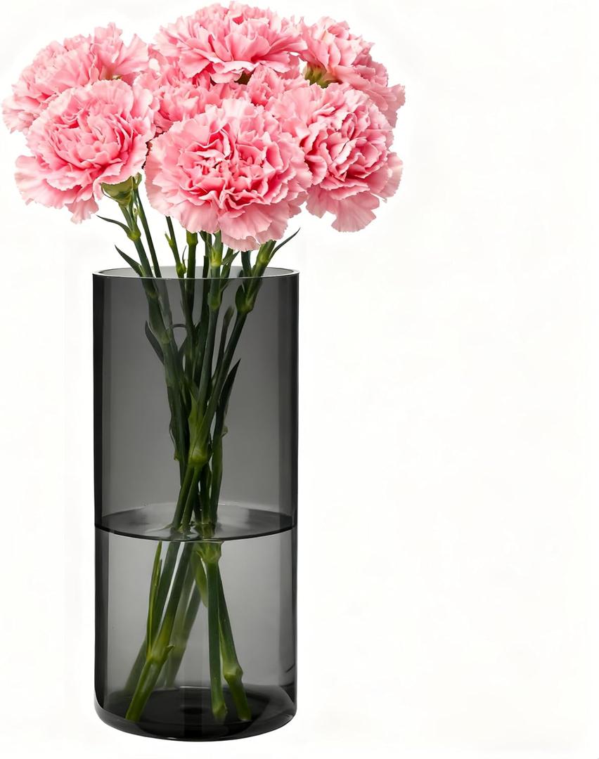 Flower Vase, Non-breakable Vases, 5" W x 8" H, Acrylic Grey Vase, Aesthetic Room Decor Cylindrical Modern Flower Vases for Table Centerpiece, Home Decor, Women Floral Arrangement Gift
