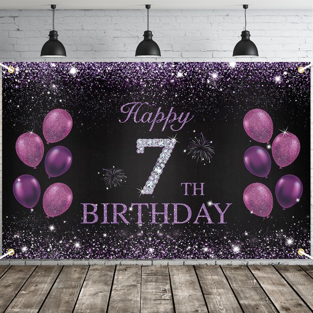 JOYKY Happy 7th Birthday Banner, Purple Party Decorations for Girls, 7 Year Old Backdrop Dcor Supplies, 5.9 X 3.8 Fts