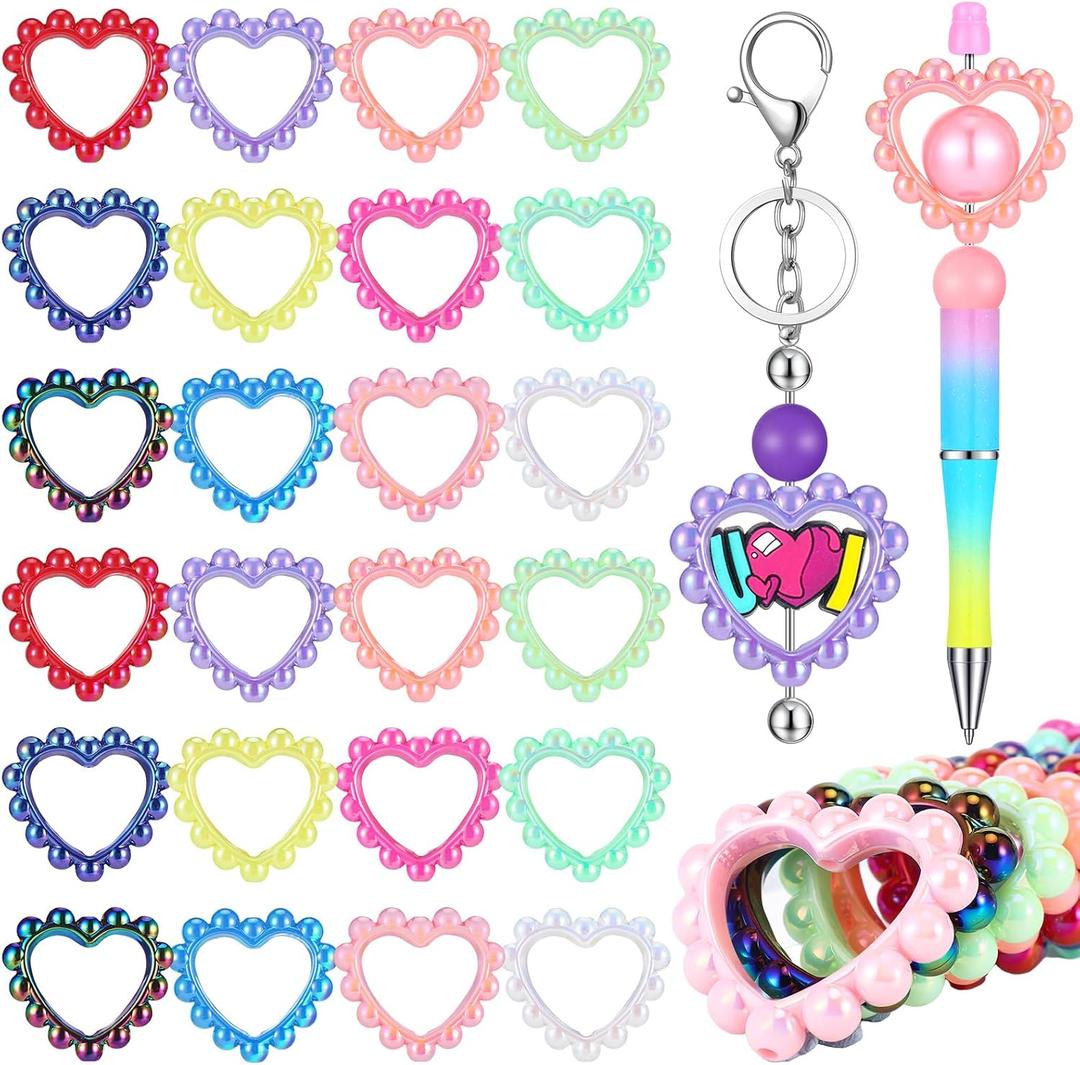 Ferreve 24 Pcs 42 mm Heart Acrylic Focal Frame Loop with 2 Holes for DIY Beaded Pen Keychain Focal Bead Loop for Pen Jewelry Making Bracelet Car Necklace Craft Hanging