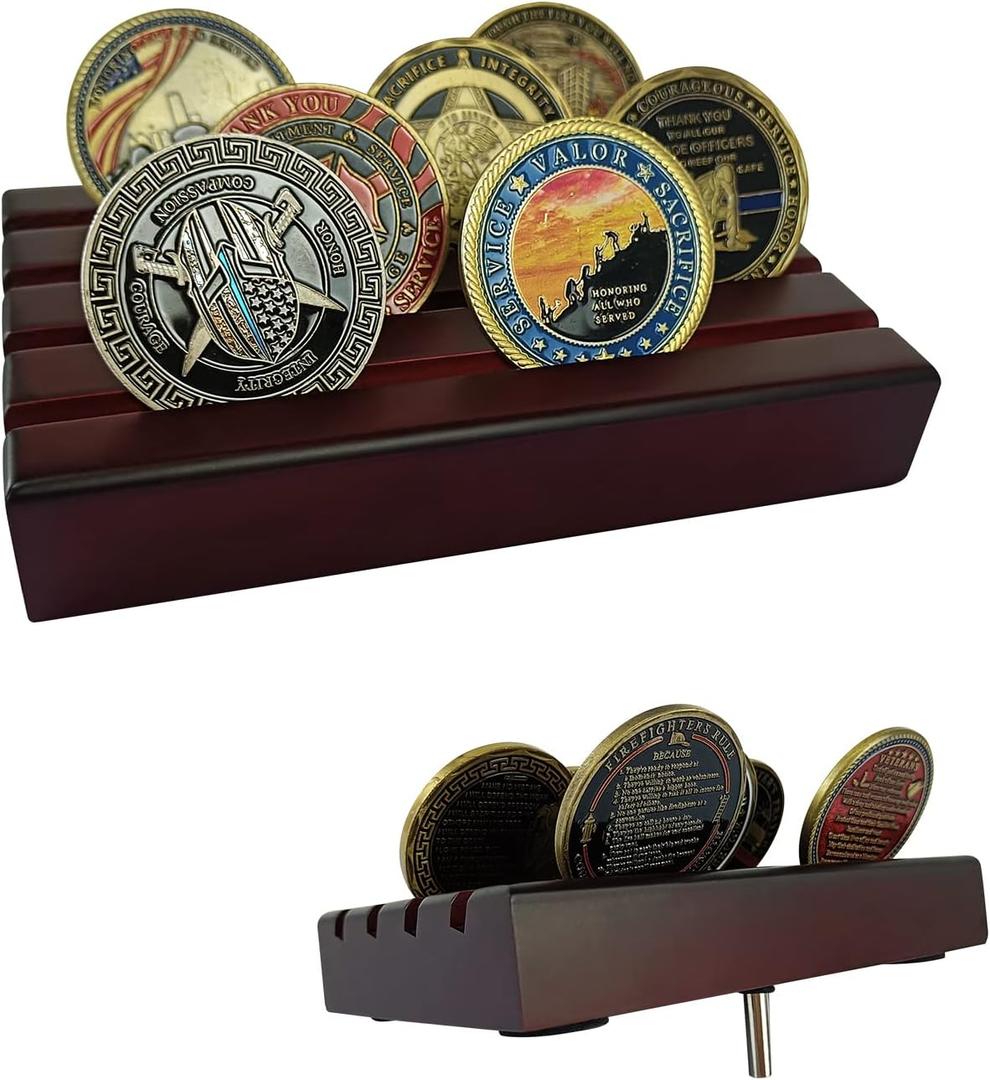 Small Military Challenge Coins Display Holder Solid Wood,Challenge Coin Stand Holds 10-12 Coins ,4 Row Coin Holder Rack for Desk, Challenge Coin Display Case ,Red Finish (Mahogany)
