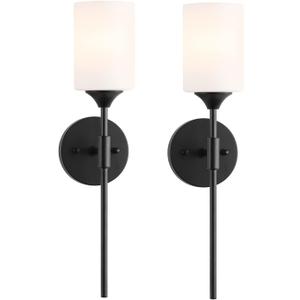BYOLIIMA Mid Century Modern Wall Lamp 2 Pack with White Cylinder Glass Shades Matte Black Wall Sconce Bathroom Vanity Lighting Industrial Farmhouse Wall Light Fixtures for Mirror Bedroom Living Room