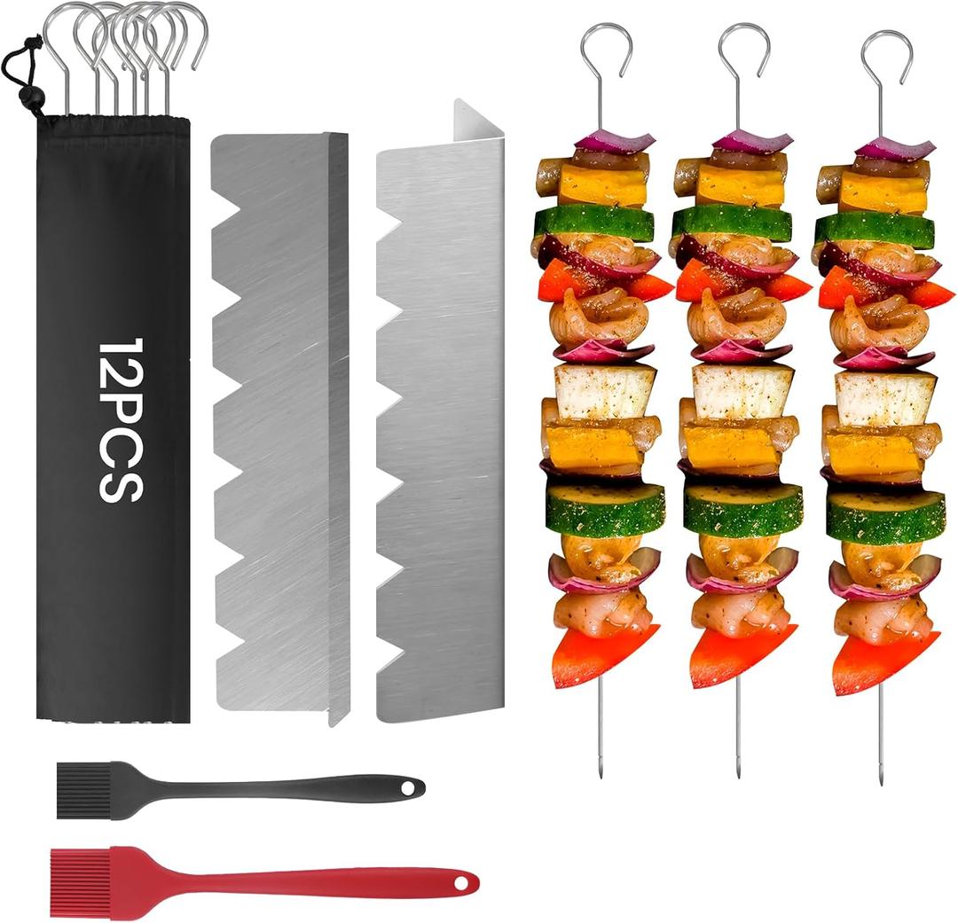 Kabob Skewers Stainless Steel 12-Inch BBQ Skewers with 2 Heavy-Duty Skewer Racks, Set of 12 Flat Metal Sticks & 2 Brushes, Reusable for Meat, Chicken, Vegetables, with Storage Bag (Silver)
