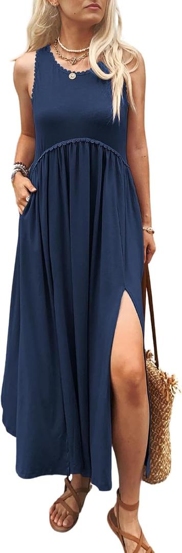 Women's Maxi Dress Summer Sleeveless Crewneck Swing Sundress Casual Loose Long Dresses with Pockets (Large, Navy)