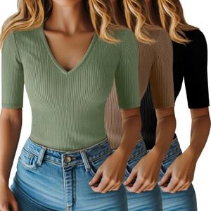 Riyiper 3 Pack Women's Half Sleeve Top Elbow Length Ribbed Cotton T Shirt Women V Neck Summer Tee Slim Fit Casual Blouses (Black, Khaki, Matcha Green) S