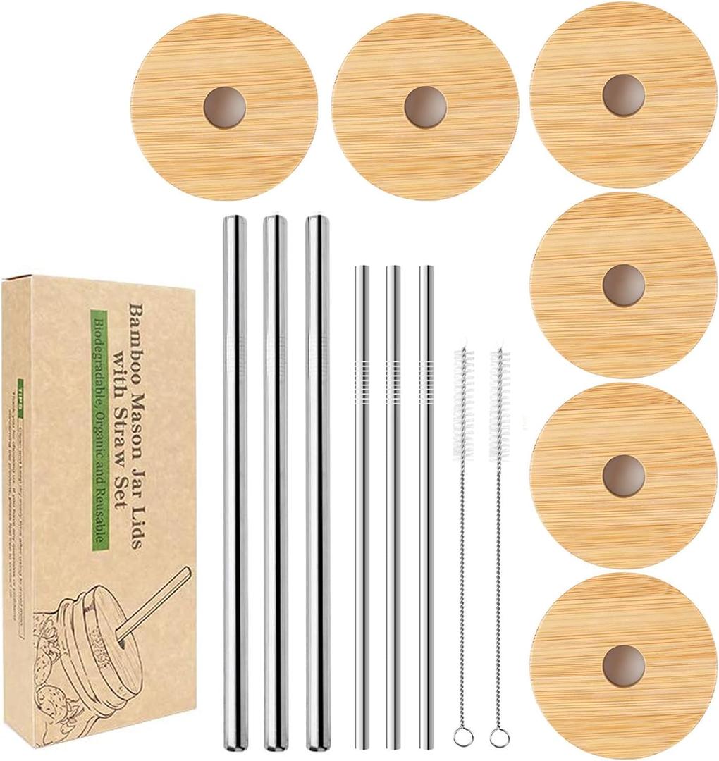 Wide Mouth Mason Jar Lids, CNVOILA Mason Jar Lids With Straw Hole, 6 Pack Bamboo Mason Jar Lid & 3 Stainless Steel Boba Straw & 3 Stainless Steel Thin Straws - 6 Pack