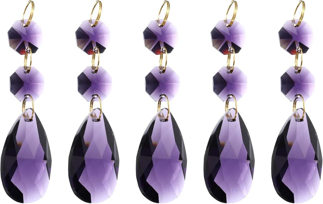 PATIKIL Clear Crystal Teardrop, 5 Pack 38mm Chandelier Prisms Parts Hanging Beads with 14mm Octagonal Bead for Chandeliers Decoration, Dark Purple