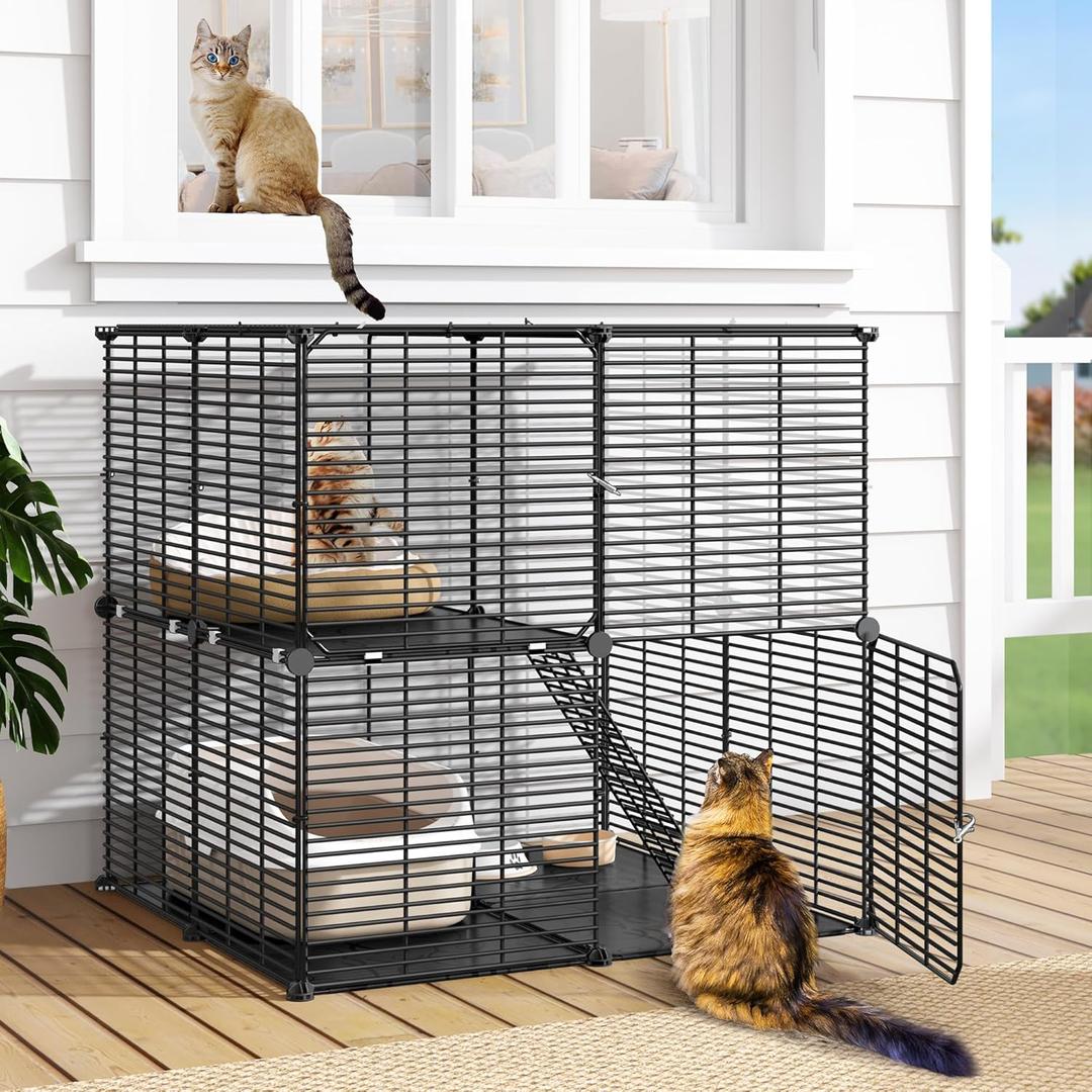 DWVO Cat Cage 2 Tier Indoor: Cat Enclosures DIY Kitten Cage Pet Playpen Metal Kennel for 1-2 Kitty Ferret Chinchilla Rabbit Squirrel Small Animals