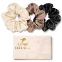 LULUSILK Silk Scrunchies for Hair Sleep, 100% Real Mulberry Silk, No Damage Hair Ties for Women and Girls, Basic Collection, Pack of 3 (Black & Ivory & Brown)