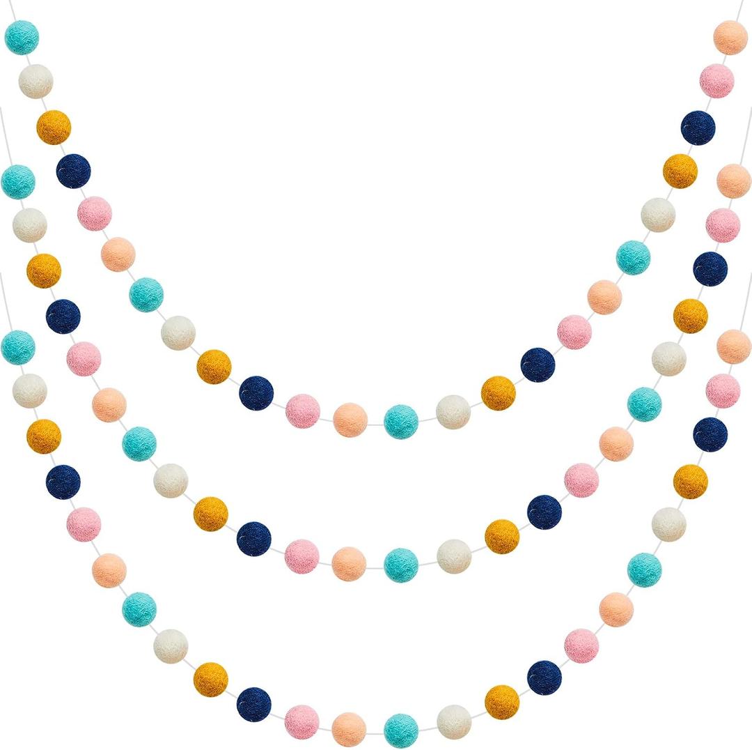 WILLBOND 3 Pieces Wool Felt Rainbow Ball Garland Colorful Pom Pom 6.5 ft Long 24 Ball Garland for Easter Mardi Gras Classroom Halloween Thanksgiving Xmas (Cute Colors)