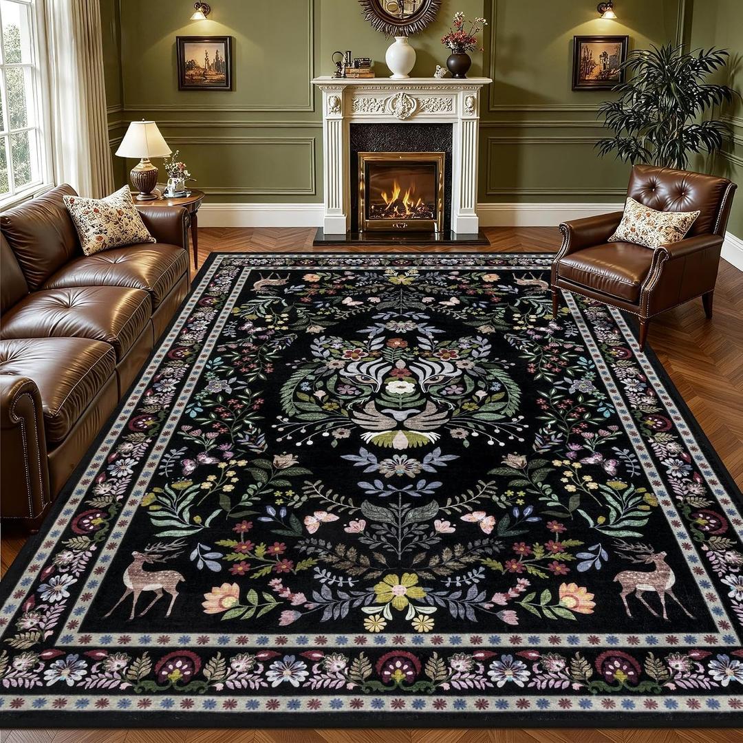 9x12 Area Rugs Living Room Rug: Vintage Washable Rug Floral Soft Carpet Indoor Floor Non-Slip Boho Stain Resistant Large Carpets for Bedroom Kids Nursery Dining Room Farmhouse Home Office Black