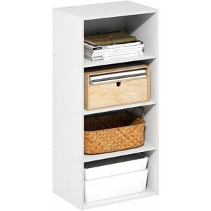 Furinno Basic Book Shelf, 4-Tier Bookcase with Open Shelf, Bookshelf, Cube Storage Organizer, 11 x 17 x 35, for Living Room, Bedroom, Home Office, White