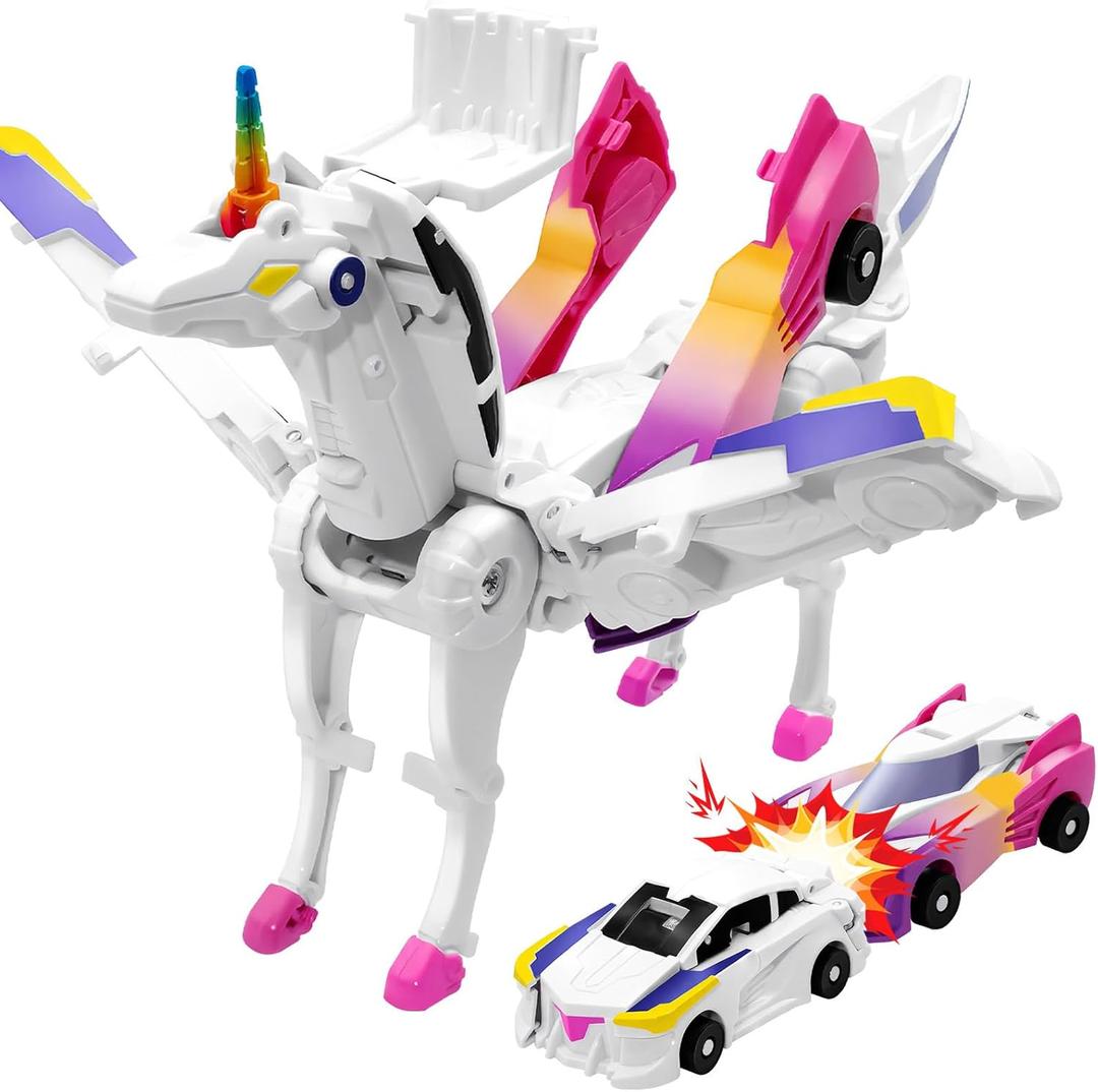 Intoypad Unicorn Collision Transforming Cars Toy for Girls Boys, 2 Magnetic Cars Transform into Magical Unicorn Collision Transforming Robot Cars Toy Deformation Christmas Birthday Gifts for Kids Pink