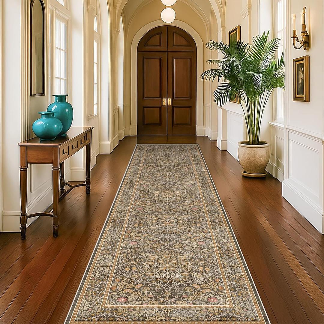 Brown 2'6" x 10' Hallway Runner Rug Non Slip - Washable Kitchen Rug Stain Resistant, 10ft Extra Long Thin Entryway Indoor Mats, Soft Boho Vintage Gold Brown Floral Indoor Carpet Runner Dcor Low Pile