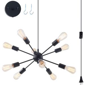Plug in Sputnik Chandelier 10-Lights Pendant Light with 16.4 ft Cord On/Off Switch Mid Century Modern Industrial Hanging Chandelier for Dining Living Room Kitchen Island, 3-Way Install, 22"