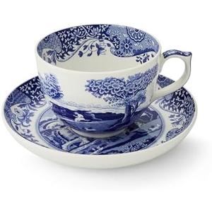 Spode Blue Italian Teacup and Saucer, 20-ounce Capacity, Jumbo Tea Set, Coffee Mug, Cup for Tea, Lattes, Espressos, and Hot Beverages - Blue &White