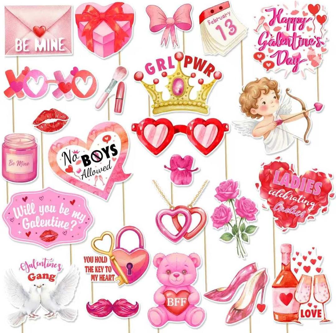 24Pcs Galentine's Day Decorations Photo Booth Props Including Masks, Love, Glasses, Mustache, Snowman for Galentines Valentines Day Party Decortions Supplies Ideas Favors