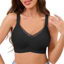 POSESHE Womens Wireless Bras V Mesh Comfortable Bralette Supportive Tshirt No Underwire Seamless Push Up Everyday Bra (Large, Black)