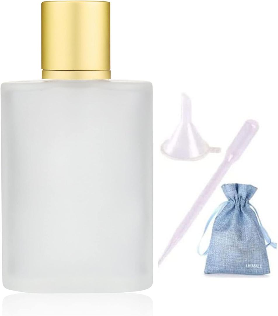 100ml 3.4oz Frosted Glass Spray Bottle for Essential Oils, Perfume - Empty Refillable Atomizer with Fine Mist, Makeup Funnel Filler, 3ml Dropper & Gift Bag