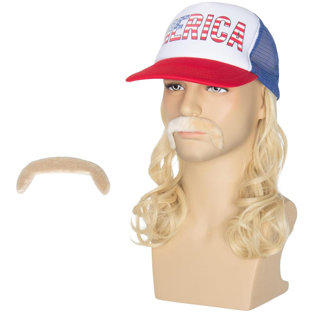 Yan Dream Blonde Mullet Hat Wig with Mustache for Men 4th of July American Costume Funny Wigs Men