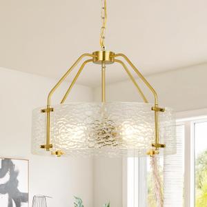 Modern Textured Glass Chandeliers for Dining Room: 20'' Drum Brushed Gold Entryway Light Fixture Hanging - 5 Light Kitchen Chandelier Over Table - Semi Flush Mount Chandelier for Bedroom Hallway Foyer