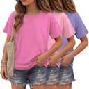 3 Pack Girls Short Sleeve T Shirts | Crewneck Tops, Loose Fit, Summer, Comfy Basic, Casual Blouse, Teen 5-14 Years, Soft, Breathable, Daily Wear