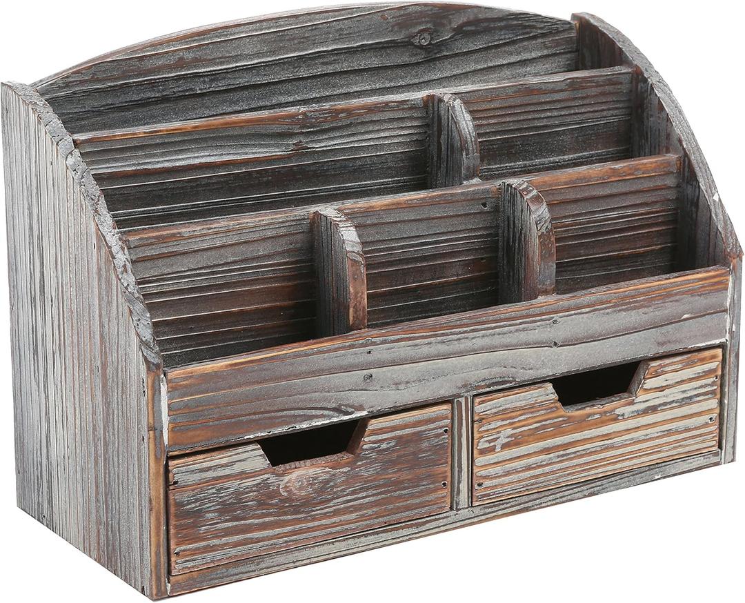 MyGift Torched Wood Desktop Organizer - Includes 6 Compartments and 2 Pullout Drawers to Organize Office Supplies and Accessories