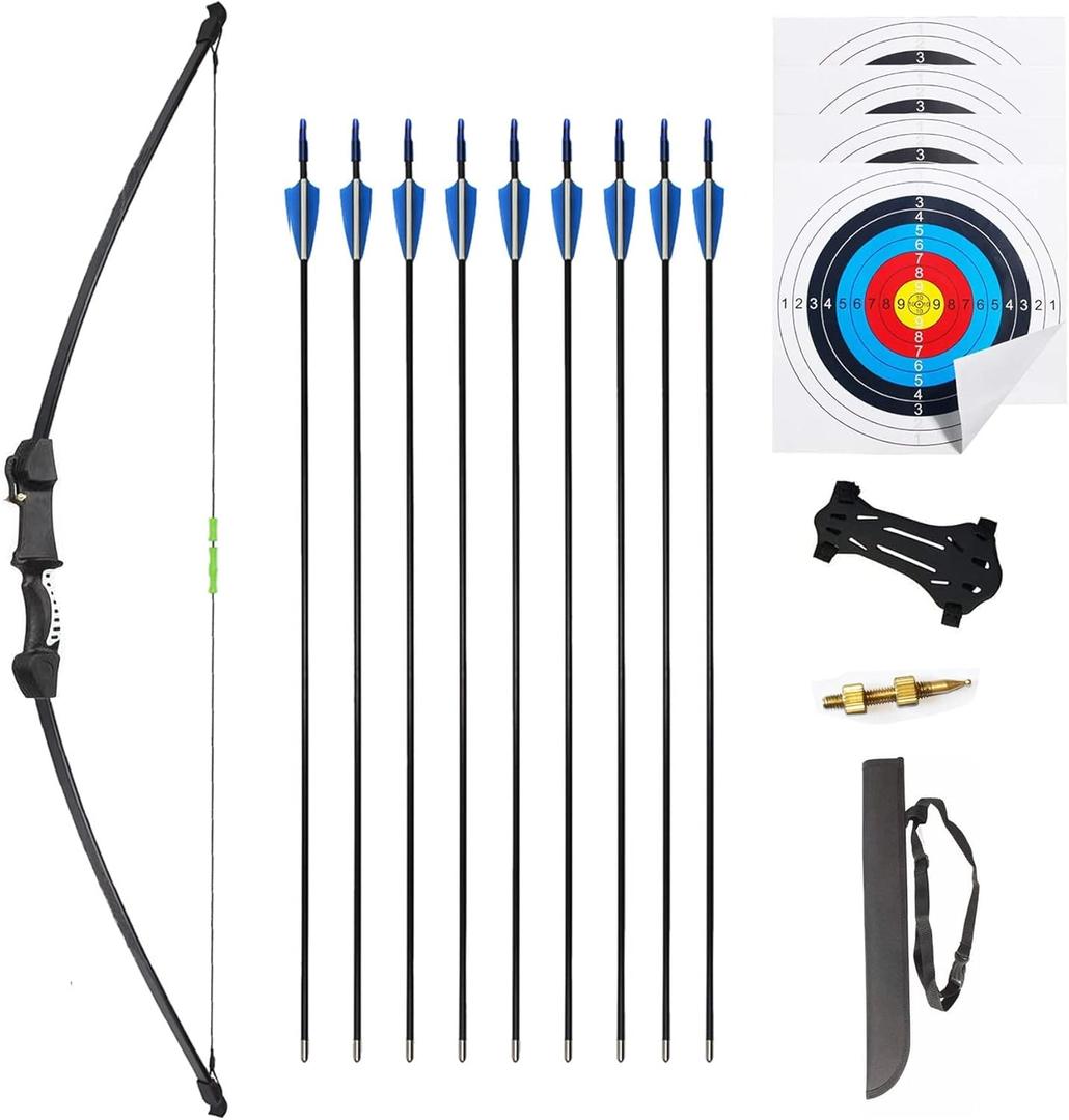 45" Youth Bow and Arrows Set for Kids 8-12 Teens Recurve Archery Beginner Gift Longbow Kit, Outdoor Hunting Play Gift Toys, 9 Arrows, 4 Target Face for Backyard Game Age 12-14 14-16 (Black)