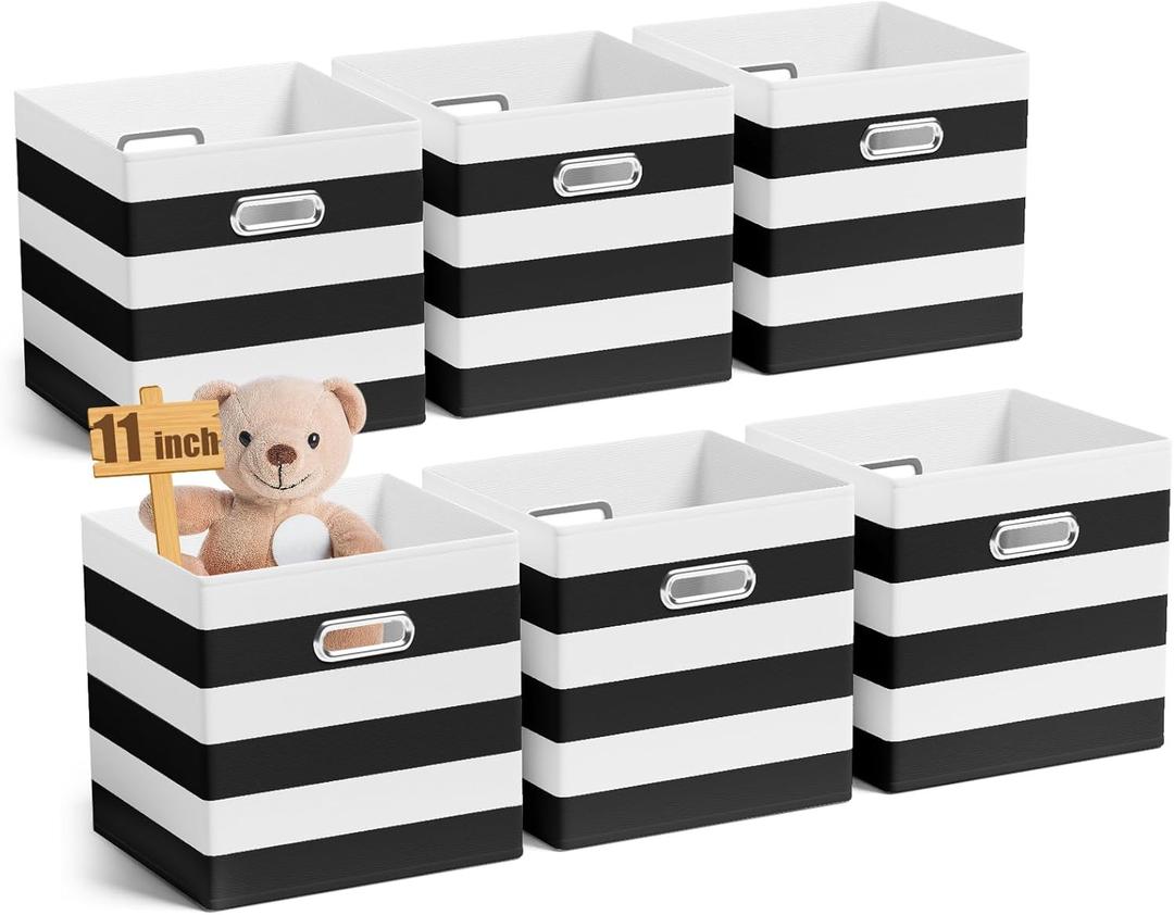 6 Pcs 11 Inch Fabric Storage Cubes with Metal Handle Back to School Classroom Supplies Black and White Striped Style Collapsible Bins Organizer for School Nursery Shelves Clothes Gift