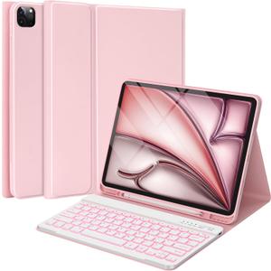 BQSS for iPad Air 13 Inch Case Keyboard (M3/M2, 2025/2024) & iPad Pro 12.9 inch (6th/5th/4th/3rd Gen), 7 Colors Backlit Wireless Detachable Folio Keyboard Cover with Pencil Holder (Light Pink)