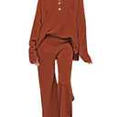 Viottiset Women's 2 Piece Outfits Sweatsuit Knit Long Sleeve Sweater Wide Leg Pants Lounge Set Burnt Orange Small