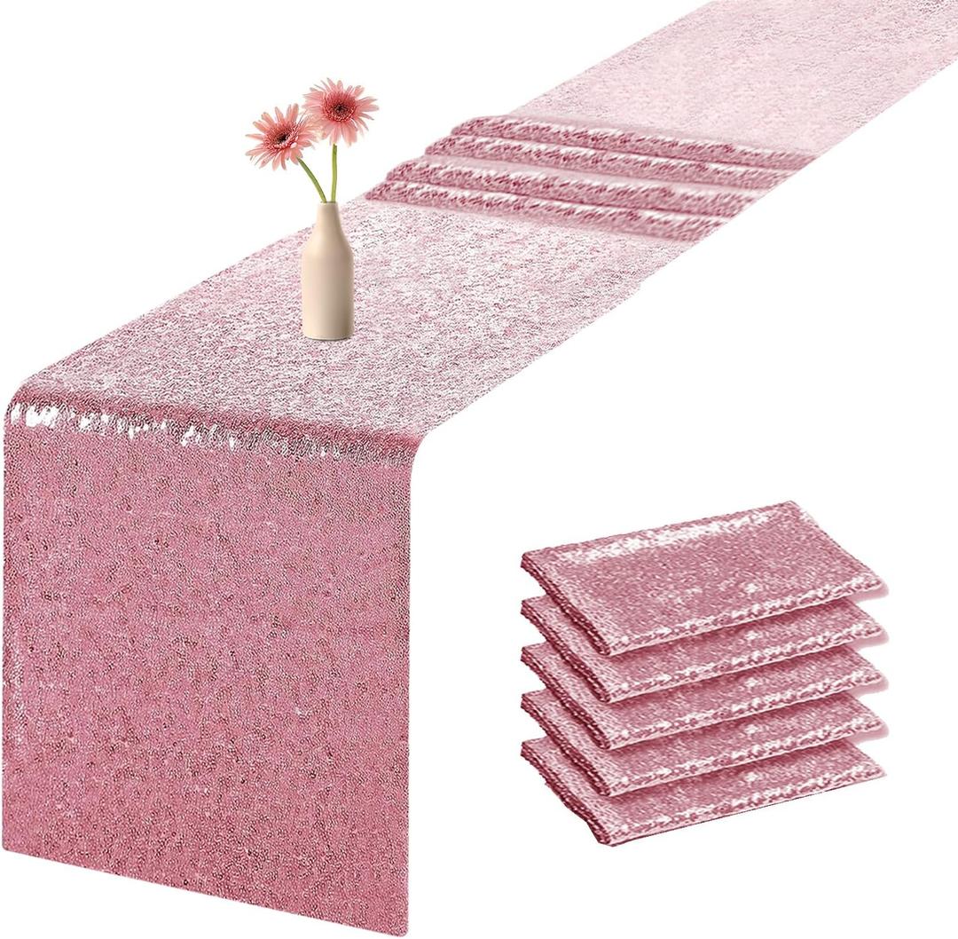 Sequin Table Runners 72 Inches Long Pink Glitter Table Runner for Party, Wedding, Bridal Baby 6 Pcs, Pink