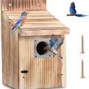 Dreyoo 1 Pack Cedar Bluebird Box Houses for Outside, 1-1/2 Entrance Hole Wooden Bird Houses with Metal Predator Guard, Secure Latch, Fledgling Grooves, Air Vents for Bluebird Wren Swallow Finch