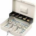 KYODOLED Locking Cash Box with Lock,Money Box with Cash Tray,Lock Safe Box with Key,Money Saving Organizer,11.81Lx 9.45Wx 3.54H Inches,White XL Large