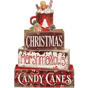 Moucuny 4 Pcs Christmas Hot Cocoa Table Decor Christmas Wooden Decorative Signage Hot Cocoa Tiered Tray Decor Xmas Centerpieces Farmhouse Wooden Block Set Xmas Table Sign for Home