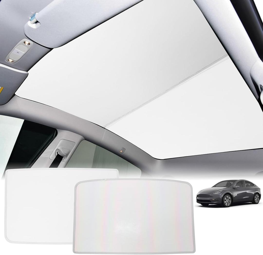 [2025 Upgrade] Sunshade Roof for Tesla New Model Y Juniper 2025 Colorful Ice Crystal Glass Sunroof No-Sag Design Retractable Sunshade Heat Insulation Roof Window Sun Protection Snap Foldable(White)