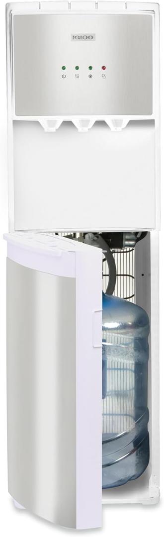 Igloo Bottom-Loading Water Dispenser  Water Cooler Dispenser with Hot, Cold & Temperature Settings- Electric Water Dispenser Fits 3- & 5-Gallon Jugs with Child Safety Lock Office Use White Stainless