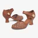 NEWBELLA Womens Mary Janes Vintage Pumps with Adjustable Ankle Strap & Embossed Cutou Design, Comfortable Flared Heels for Casual & Dressy Brown, Size 6.5