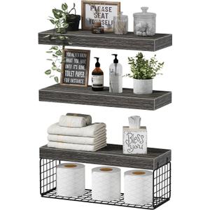 QEEIG Bathroom Shelves Over Toilet - Wall Mounted Floating Shelves Toilet Paper Storage Small Farmhouse Decor Shelf 16 inch Set of 3, Grey (019-GY3)
