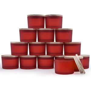 SHOWIN Thick Candle Jars for Making Candles 16 Pcs, 4 OZ Empty Jars with Wood Lids for Candle Making, Sample Container - Dishwasher Safe, Frosted Red