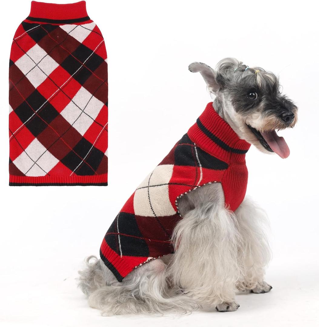 KOOLTAIL Dog Sweater Pet Knitted Clothes-Classic Plaid Pullover Turtleneck Red Fleece Dog Christmas Sweaters with Leash Hole, Thick Warm Dog Winter Clothes for Small Medium Large Dogs Cats Puppy, M-L