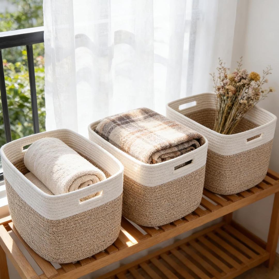 3 Pack Woven Rope Storage Baskets for Shelves,13.5"11"9.5" Storage Bins with Handles,Empty Gift Baskets,Nursery Organizer for Toys,Towels,Books,Closet,Living Room,Bedroom (White & Brown)
