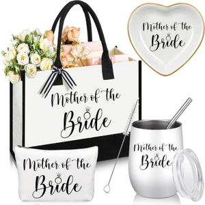 4 Pieces Mother of the Bride Bags Bridal Shower Gifts for Wedding Canvas Tote Bag for Mother of the Bride with Makeup Bag Tumbler Cup Mother Jewelry Tray Bridal Ring Holder for Wedding