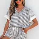 KevaMolly Womens Lounge Sets V Neck Tee and Casual Short Set Casual Pocket Decoration Two Piece Sets (White, XL)