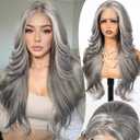13x4 HD Lace Front Synthetic Wig for Women 26 Inch,Heat Resistant Long Wave Layered, Glueless Lace Front Wigs, Easy to Wear & Style (Silver Gray)