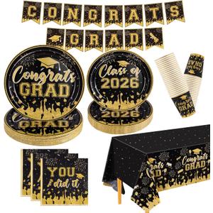 NatNarr Black and Gold Graduation Decorations 2026 Include Class Of 2026 Graduation Plates Napkins Cups Tablecloth Congrats Grad Banner for Middle College High School, 25 Guest