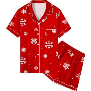 Umeyda Women & Girls Pajamas Set, Soft Satin Lightweight Silk Button-Down Top with Shorts 2 Piece PJS for Mom Boys Kids Gifts (4-5T, Red Snowflake)