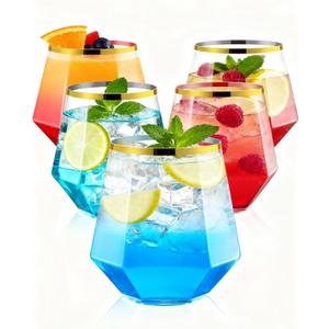 BESTSTAR 40 PCS Clear & Gold Rim 12 Oz Plastic Wine Whiskey Glasses, Diamond Stemless Unbreakable Disposable Wine Glasses for Party, Ideal for Beach Holidays,Halloween, Christmas, Weddings,Daily Use