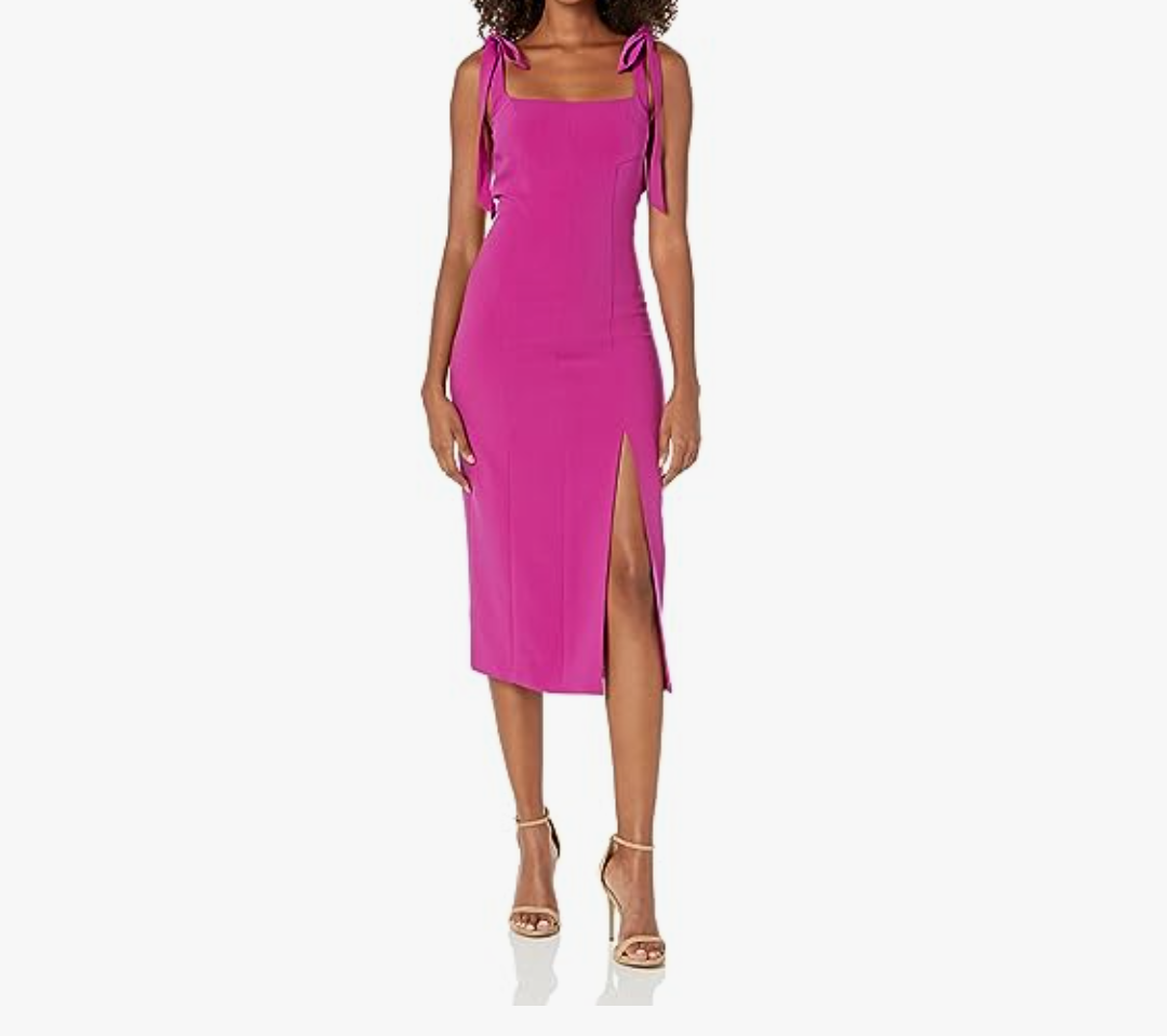 Women's Elegant Bridesmaid Dresses Square Neck Ruffle Split Midi Formal Dress for Wedding Guest Cocktail Party, Large