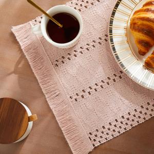 Macrame Style Boho Placemats Set of 4, Light Pink 12x20 Inch | Decorative Farmhouse Table Mats, Natural Cotton Woven Place Mats, Bohemian Home Decor for Kitchen Dining Table