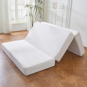 BYBYME Tri-Folding Corduroy Mattress, 6 Inches Gel Folding Mattress Topper, Foldable Soft Guest Bed Camping Pad, Washable Cover (Beige, Twin) (White)